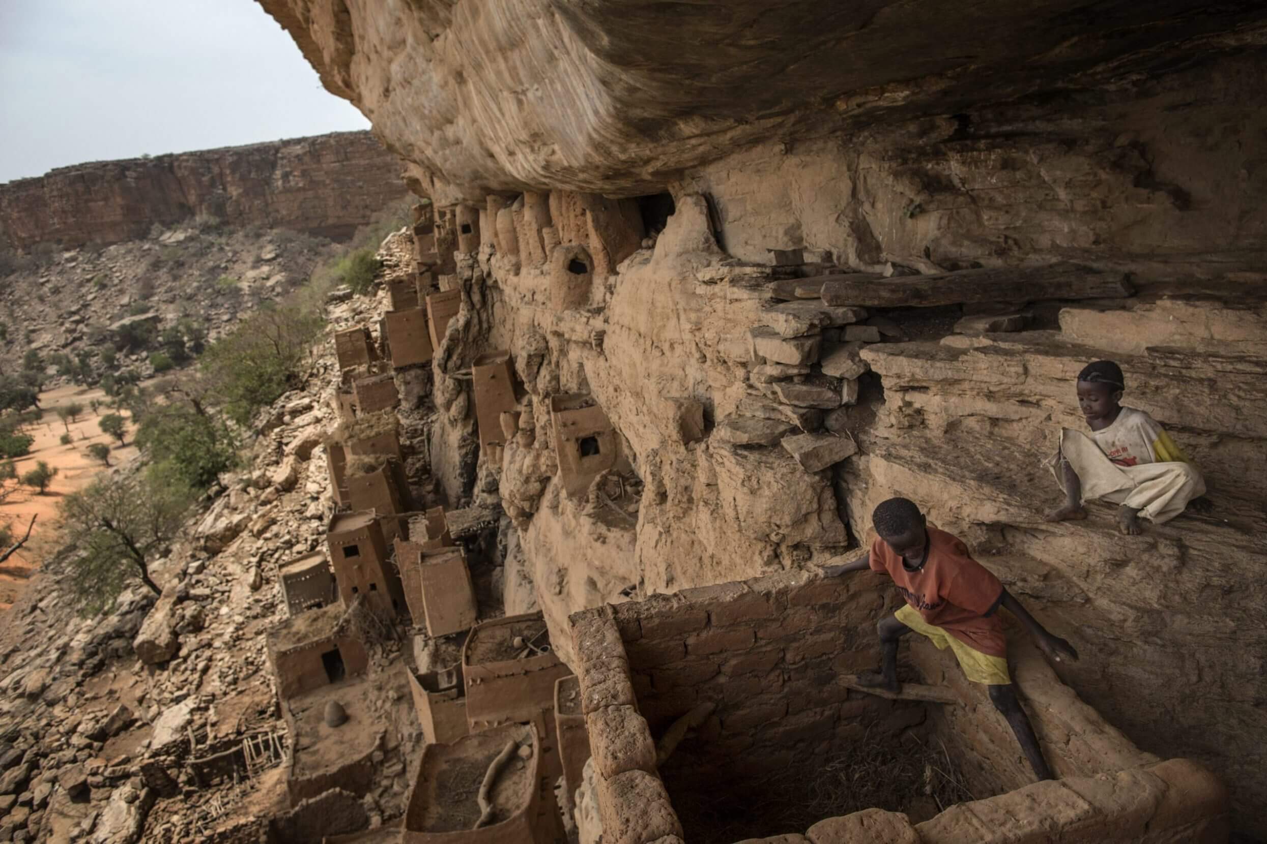 Cliff dwellings are seen on the Bandiagara Escarpment in Teli, in the central region of Mali. The escarpment was listed in the UNESCO World Heritage List in 1989.
