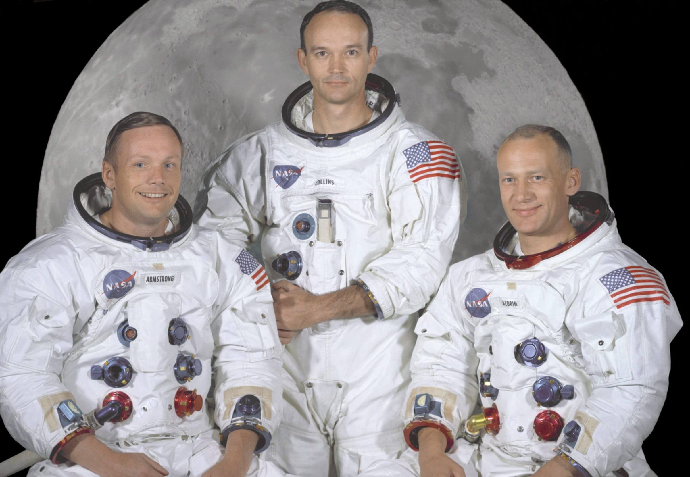 Portrait of the prime crew of the Apollo 11 lunar landing mission. From left to right they are: Commander, Neil A. Armstrong, Command Module Pilot, Michael Collins, and Lunar Module Pilot, Edwin E. Aldrin Jr. On July 20th 1969 at 4:18 PM, EDT the Lunar Module 