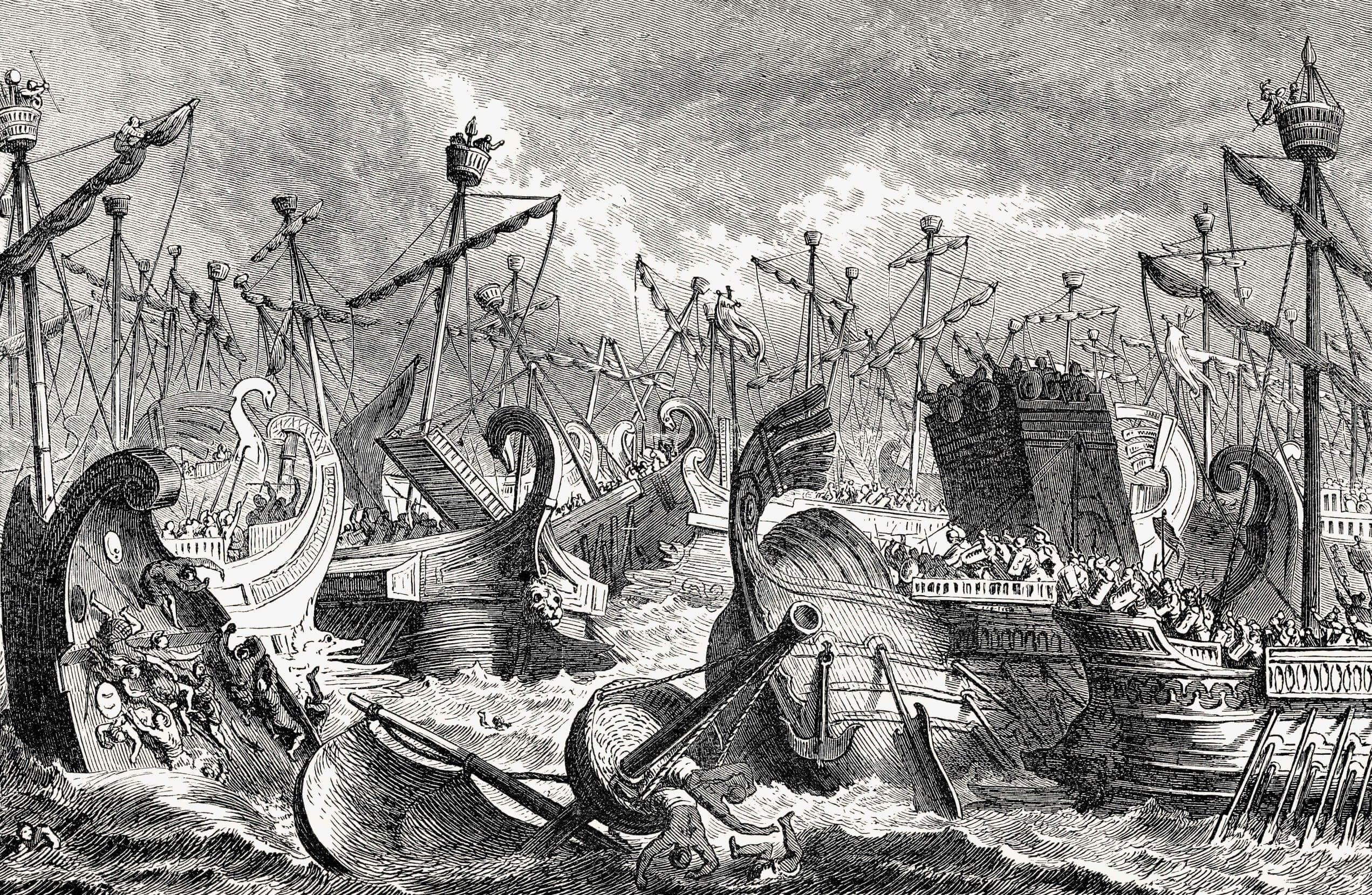 Sailors battle in hand-to-hand combat and are tossed into a turbulent sea during the Battle of the Aegates, Sicily on 10 March 241 BC, First Punic War.