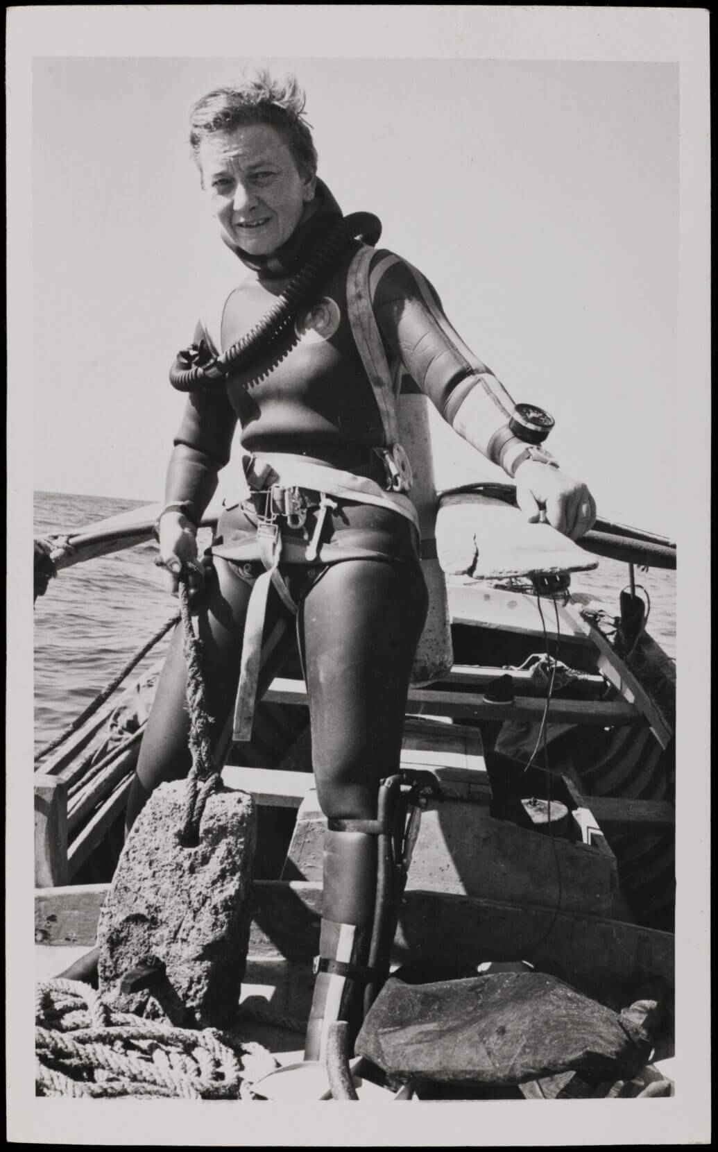 Beginning in the 1950s, pioneering underwater archaeologist Honor Frost championed stone anchors as a tool for understanding shipwrecks and became known as the “Lady of Anchors.” Photo: Honor Frost Archive, Special Collections, Hartley Library.