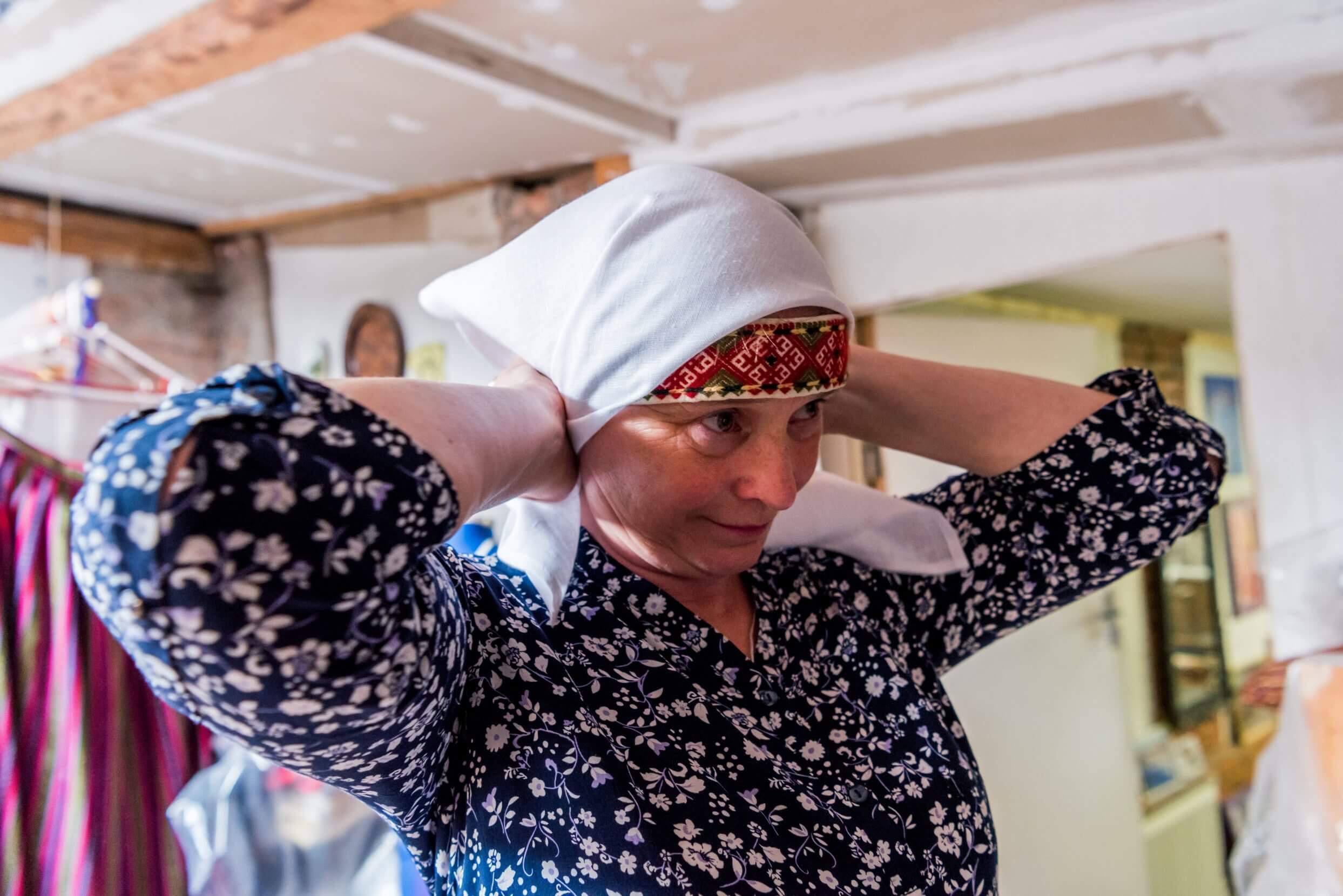 Woman in Latgalian folkwear In the Latgalian folk traditions of Latvia, a linen head covering reveals a woman’s status as married