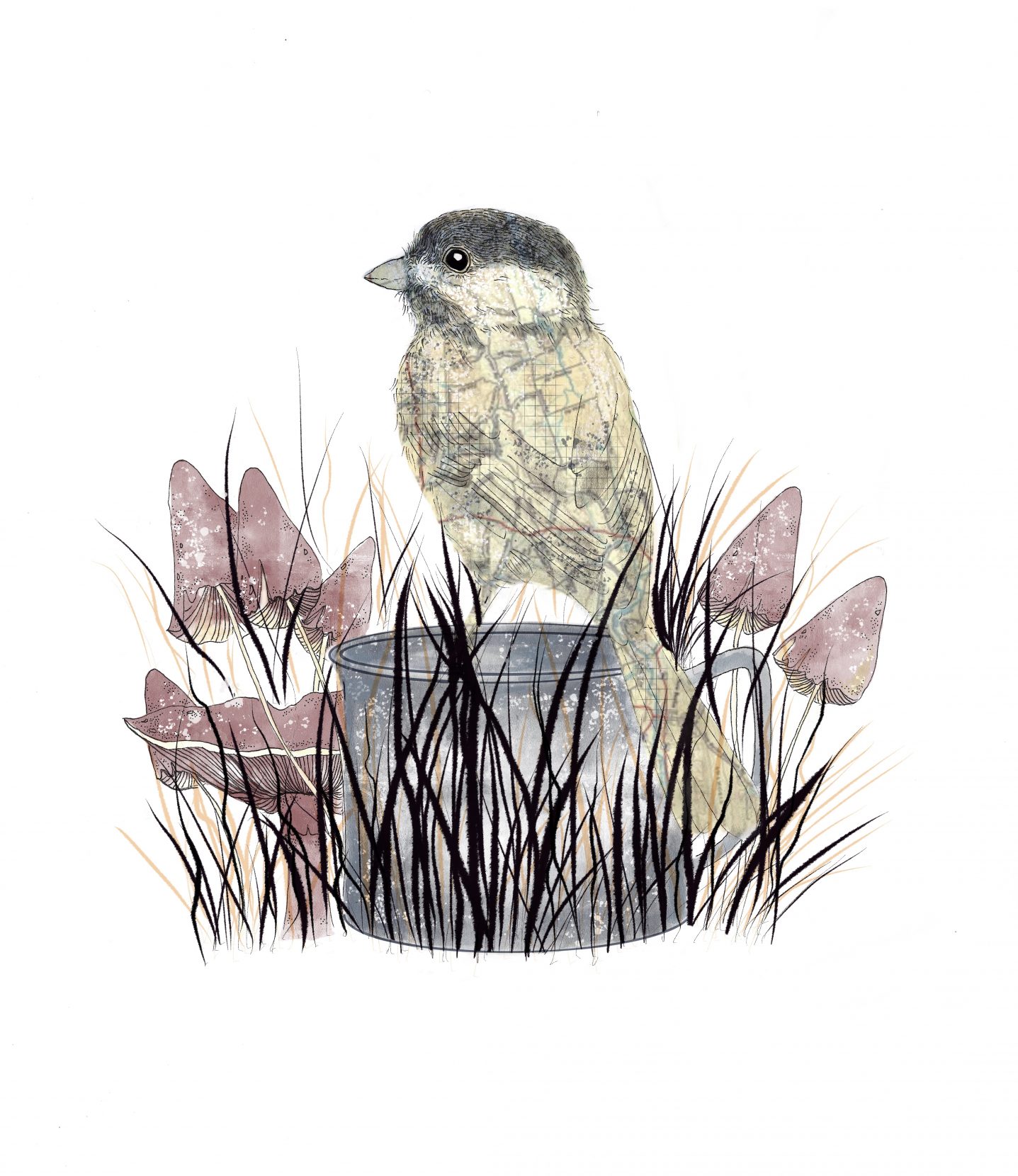 A chickadee sits upon a grass-covered tin cup.