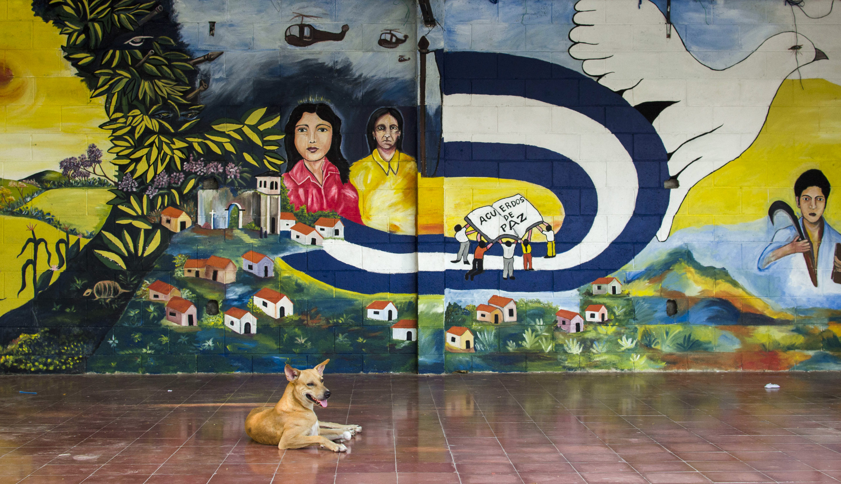 A dog lounges in the central plaza of Cinquera, El Salvador, where a mural depicts the village's winding journey to peace after becoming a battleground during the Salvadoran Civil War in the 1980s. Photo: Zuma Wire/Alamy.