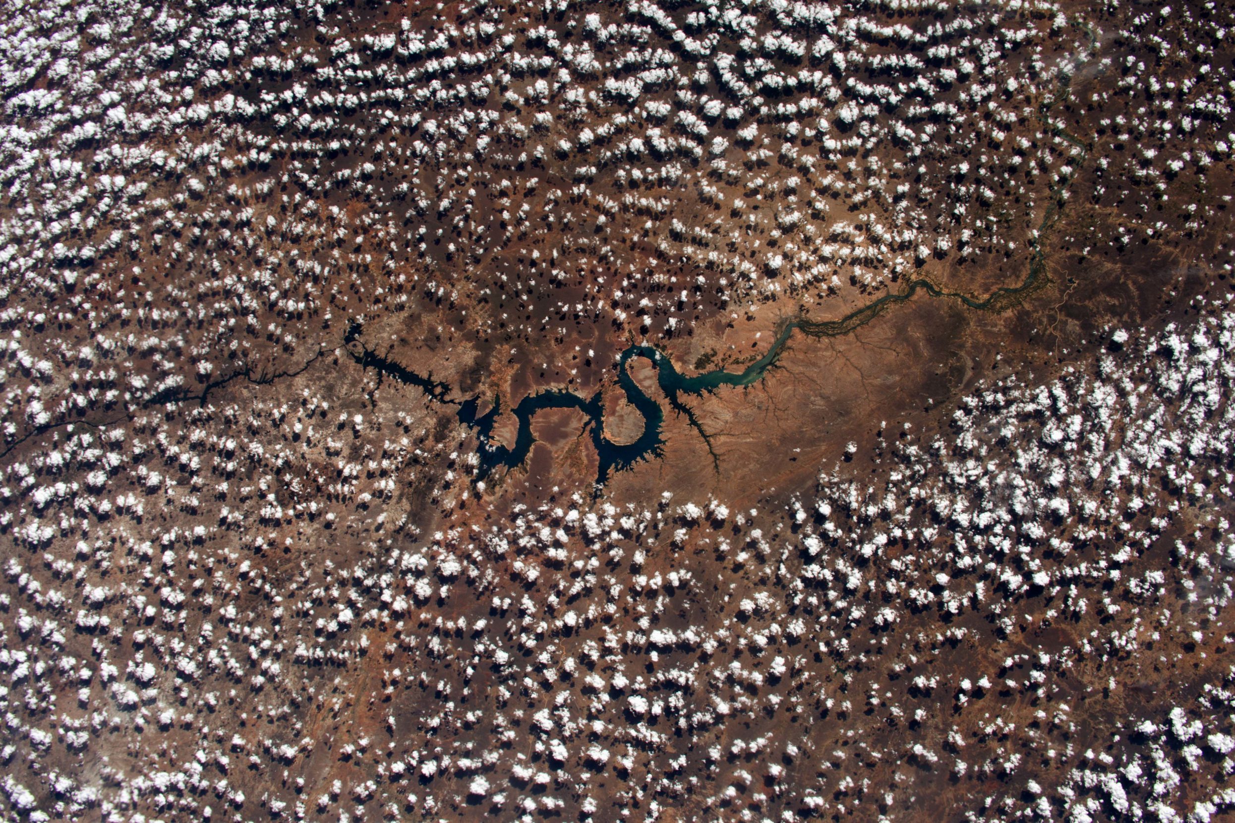 As captured from space, the São Francisco River carves out the shape of a dragon as it wends through the arid hinterland of Brazil. Photo: ESA/NASA.