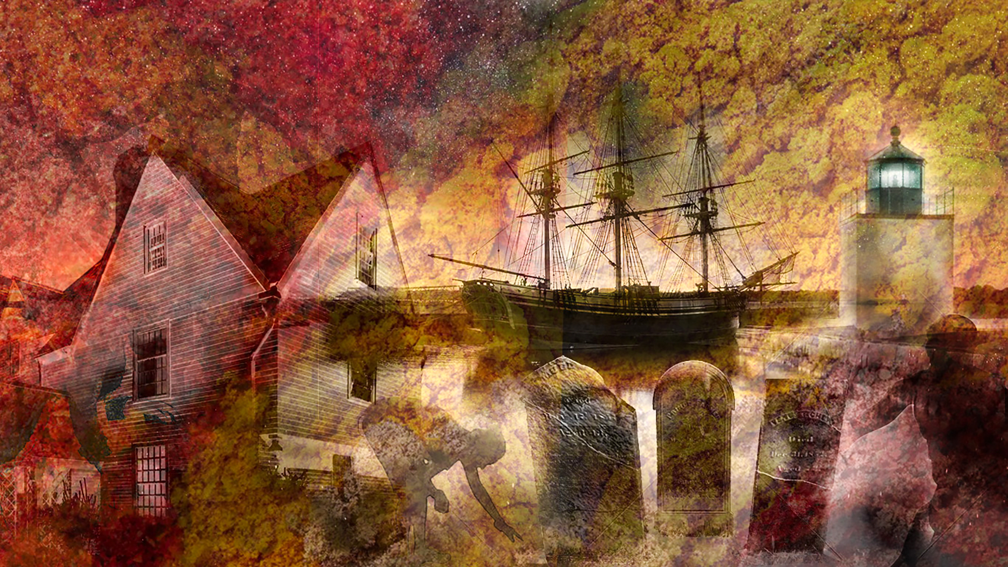 Digital artwork of layered images, including a ship, a lighthouse, a wooden house, grave stones, and silhouettes.