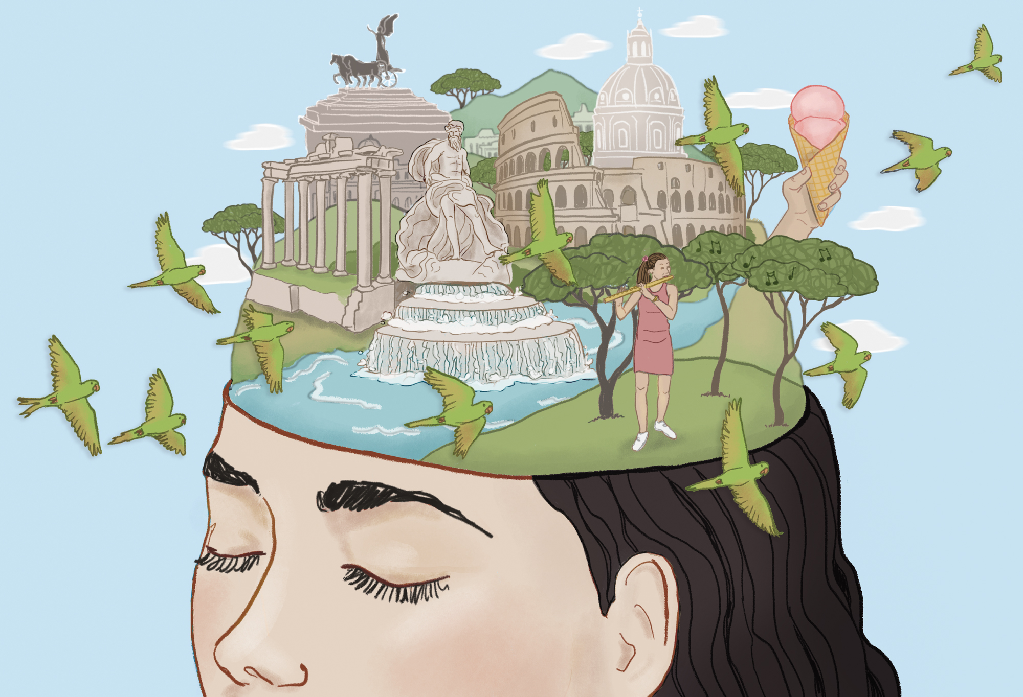 Illustration of a woman's head, containing Roman landscapes and landmarks, with parakeets and a flutist in the foreground.