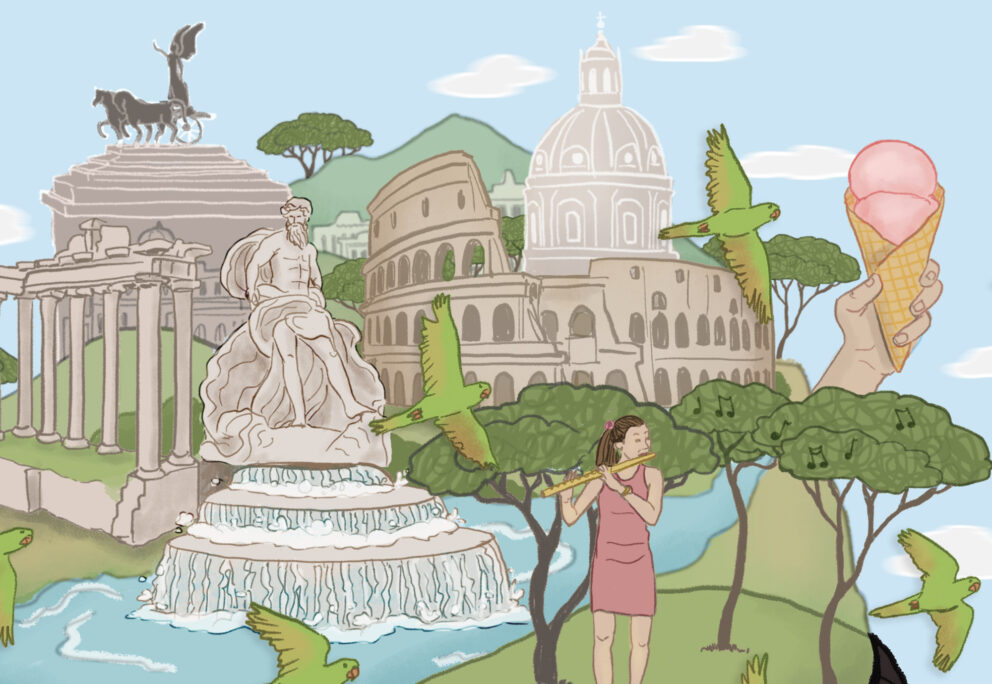 Illustration of Roman landscapes and landmarks, with parakeets and a flutist in the foreground.