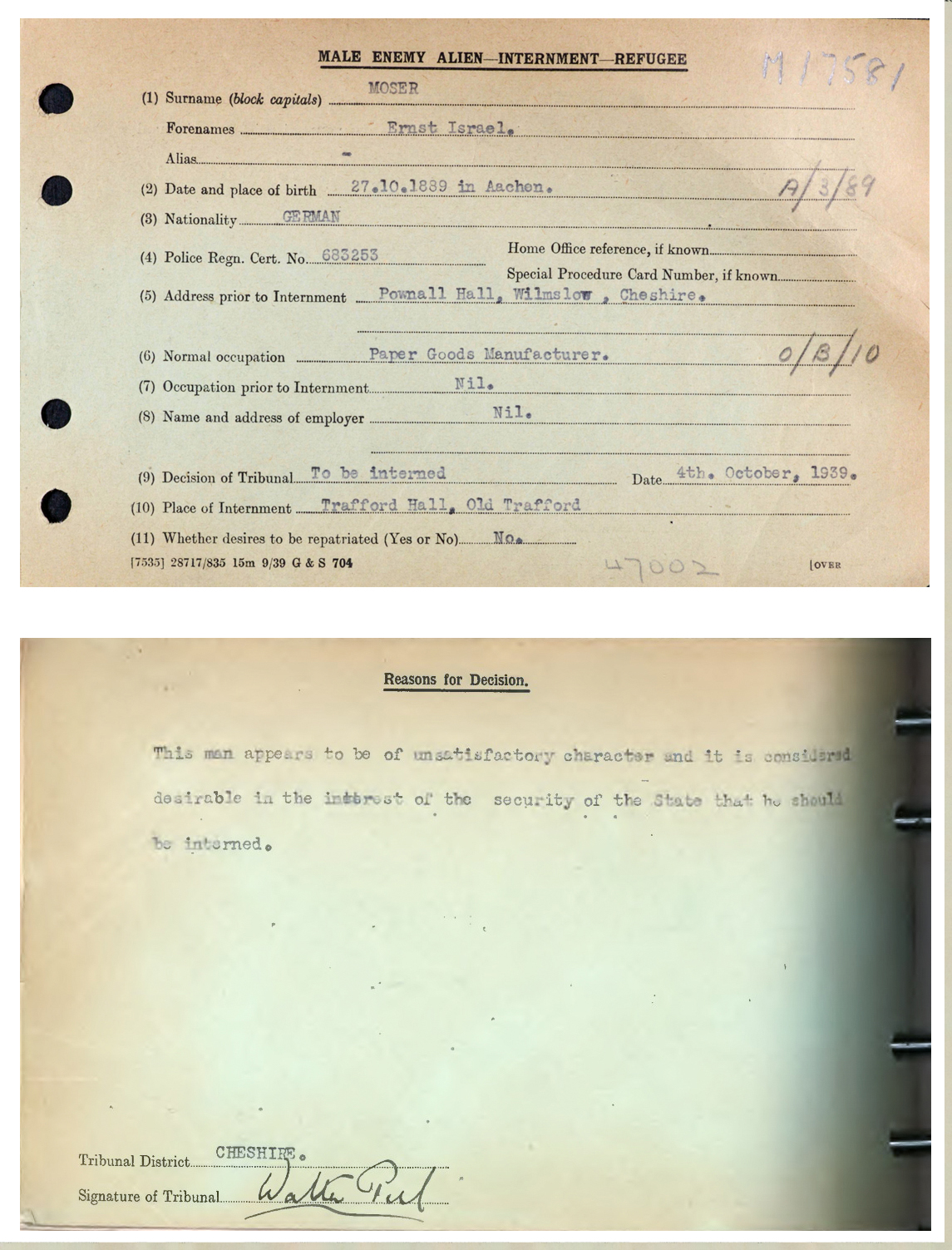 Internment papers for Ernst Israel Moser.