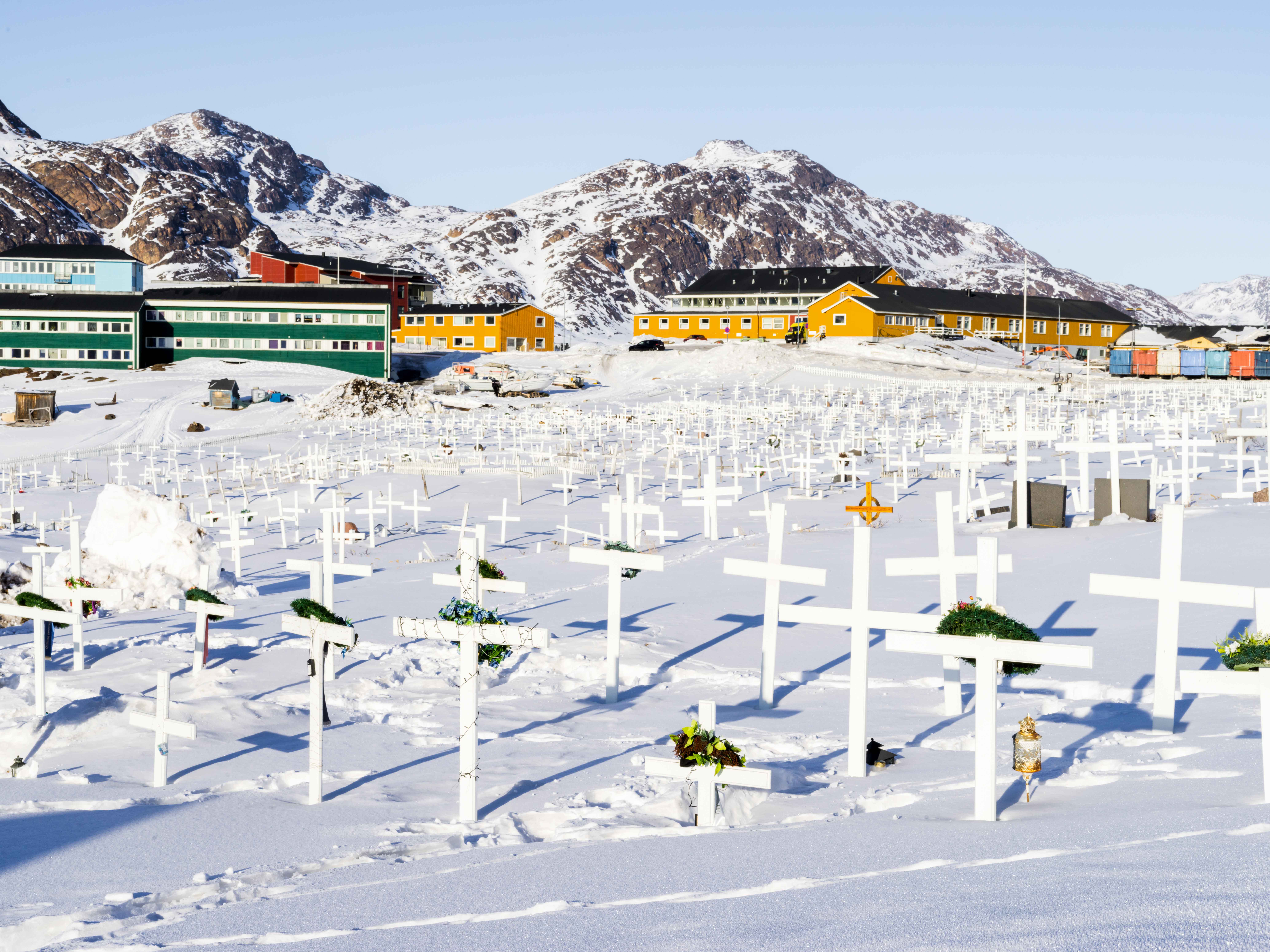 Simple white crosses mark graves in a snow covered cemetery with colorful buildings in the background.