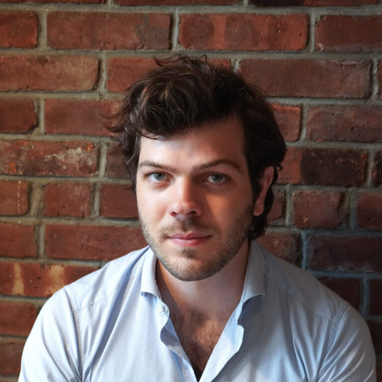 Headshot of young man with brown hair and gray eyes in a blue shirt sitting before a brick wall.