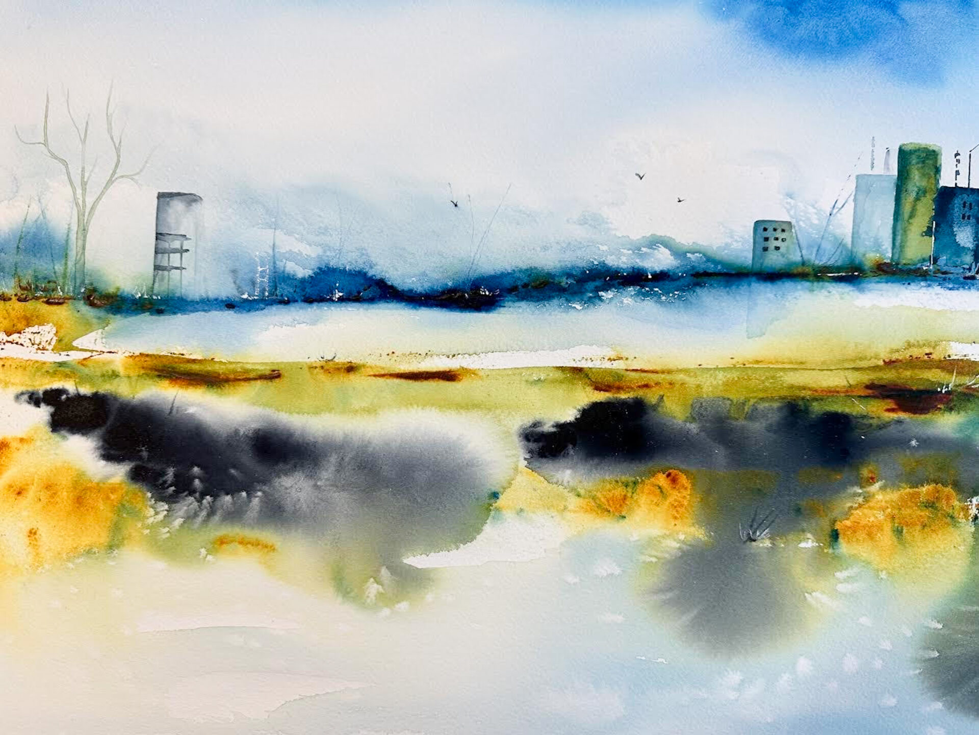 Watercolor painting of wetlands, shoreline, and industrial buildings.