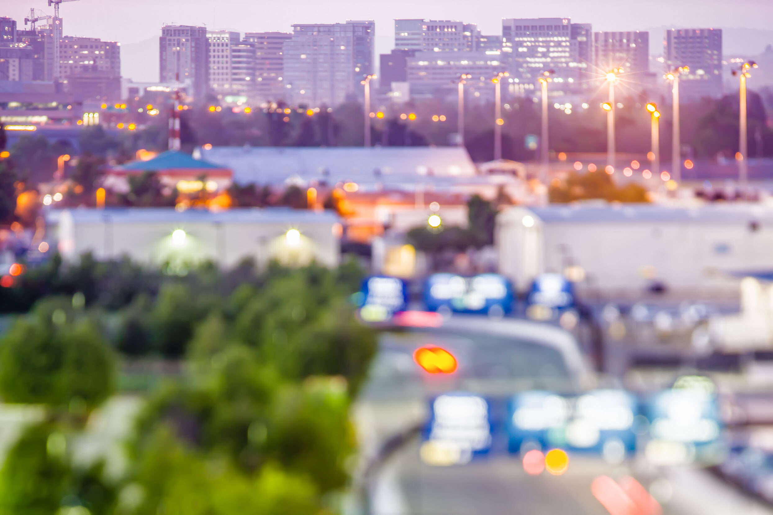 A blurred foreground of trees, traffic lights and roads leads to tall streetlights and city buildings in the distance.
