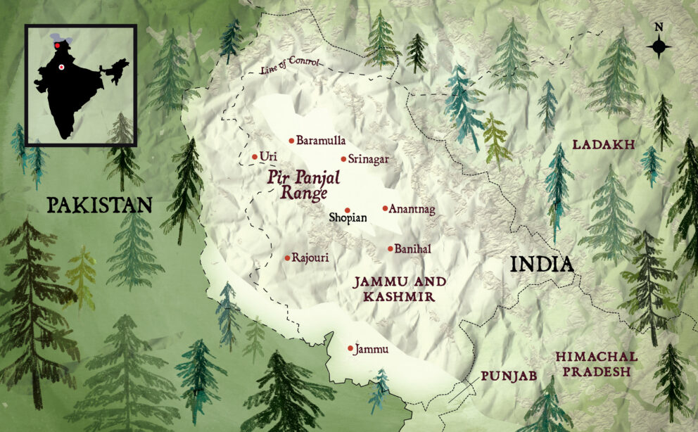 An illustration of the Pir Panjal mountain range in Northern India, bordering Pakistan.